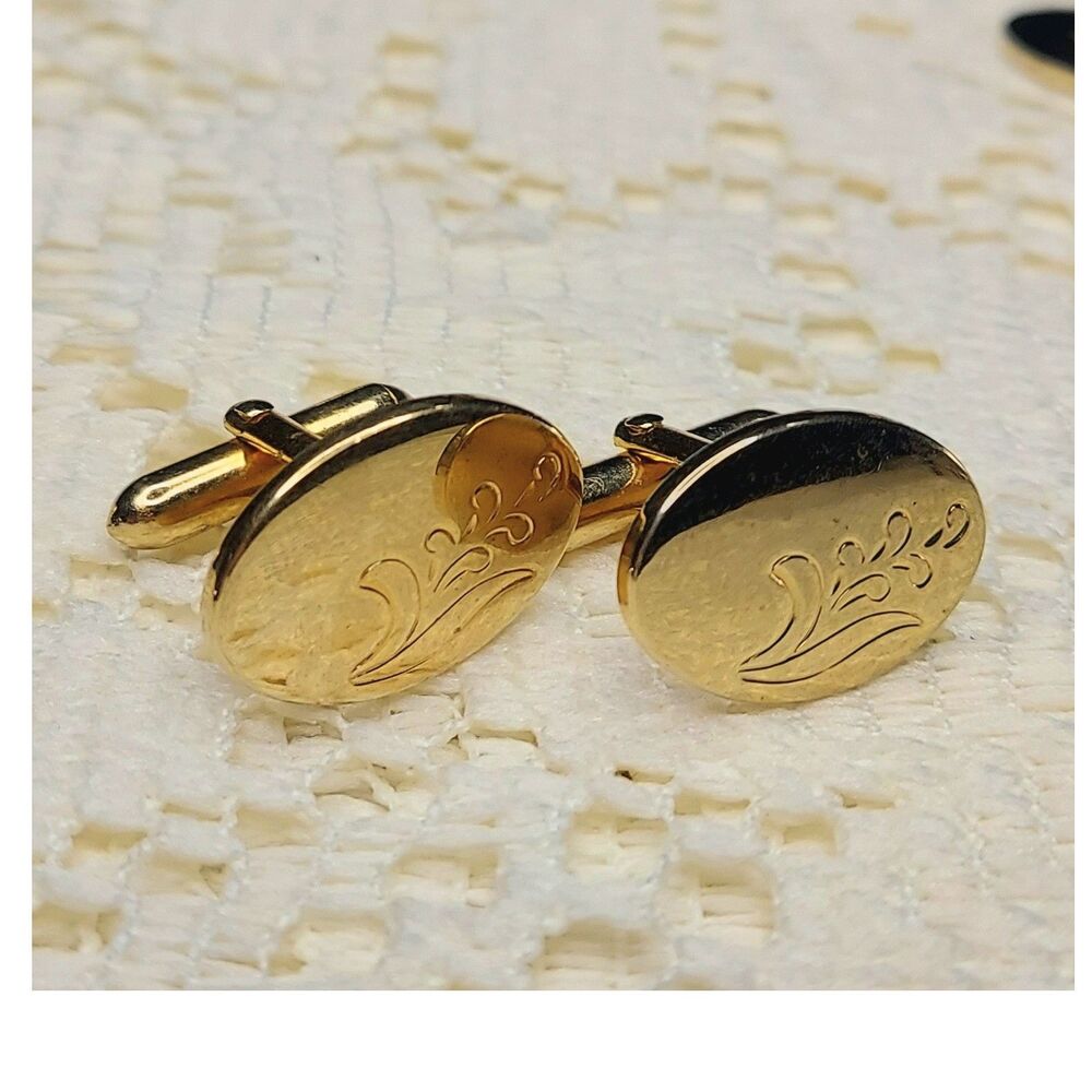 Swank Gold Plated Oval Engraved Bullet Back Men's Cufflinks Metal No Stone